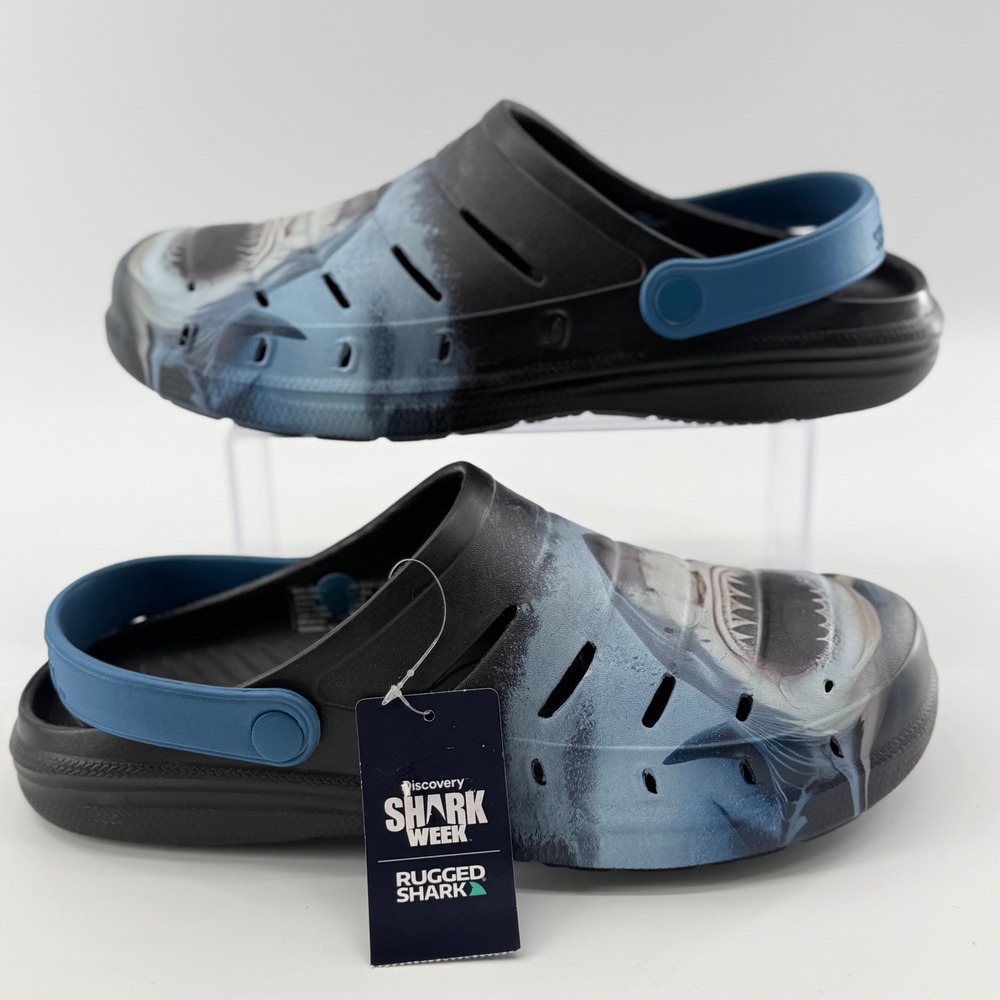NEW Rugged Shark Mens 12 Clogs Black Shark Week Graphic Slip On Water Shoe Beach